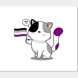 Cute Cat Holding Asexual Pride Flag Posters and Art